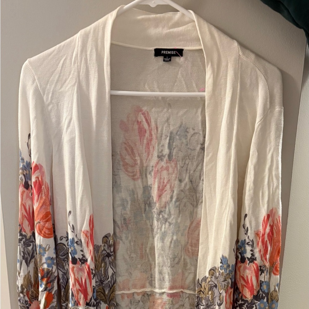 Premise Floral Open-Front Cardigan - Cream, Orange, Blue